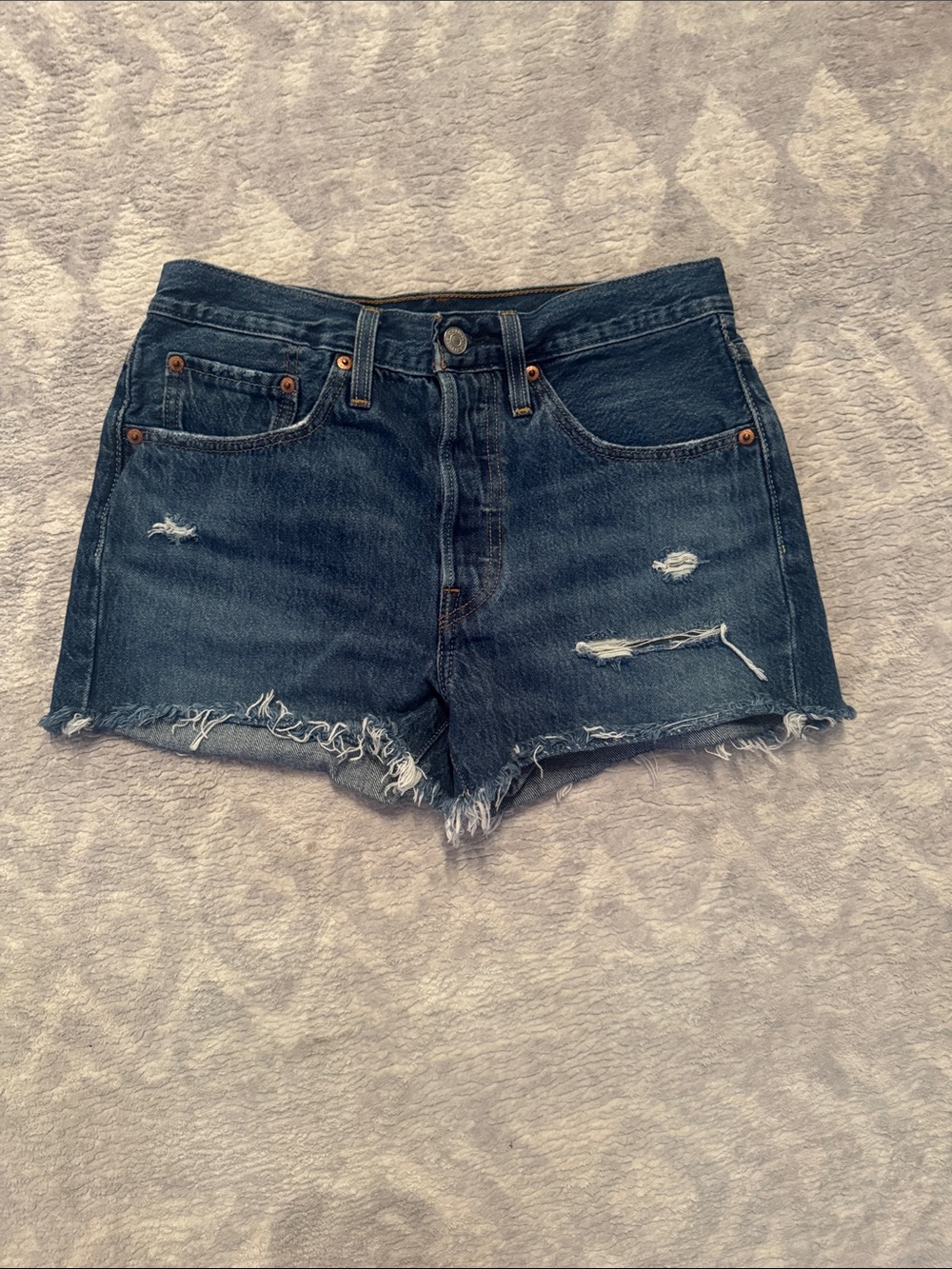 Levi's Dark Blue Distressed Denim Cutoff 501 Shorts - Size 26